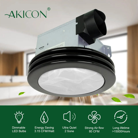 Ultra Quiet Bathroom Exhaust Fan With LED Light 80 CFM 2 Sones Round Ventilation Fan Frosted Glass Cover Matte Black Finish