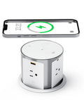 Slick Flush Mount Pop Up Socket Drops Straight Into Countertops Featuring Qi2 Magnetic Wireless Charger With 65W Fast Charging Double Usb Ports Zero Hassle Setup In Fresh White with phone pairing.