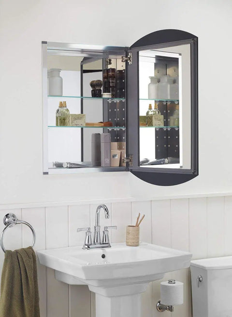 Open Archer Aluminum Space-Saving Single-Door Bathroom Medicine Cabinet With Mirror, 20-Inch Wide By 31-Inch High, showing interior.