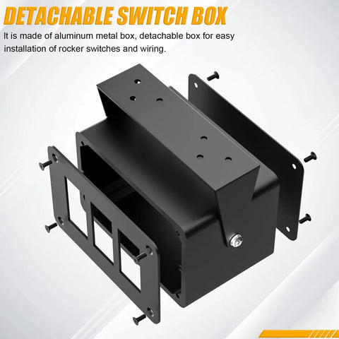 3 Gang Aluminum Rocker And Toggle Switch Box For Panels, showing detachable metal box with mounting holes and screws included.