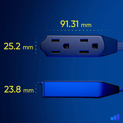360 Degree Rotating Flat Plug Extension Cord With Three Outlets 15 Ft 16 AWG Grounded Wire Black UL Certified Heavy Duty dimensions