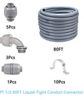 Hardcore Eighty Foot Half Inch Npt Pvc Liquid Tight Conduit Kit With Ul Certified Straight And Rotating Fittings, includes connectors.