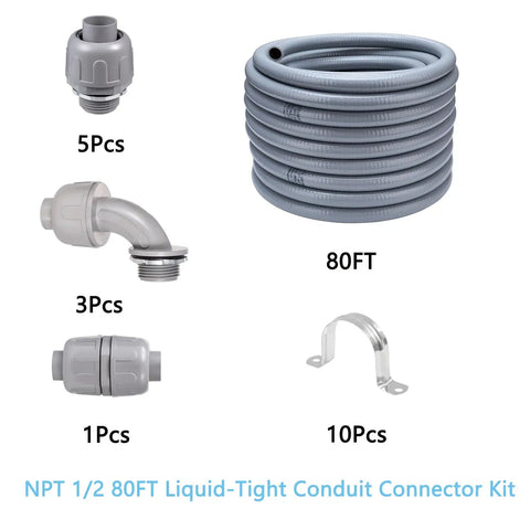 Hardcore Eighty Foot Half Inch Npt Pvc Liquid Tight Conduit Kit With Ul Certified Straight And Rotating Fittings, includes connectors.