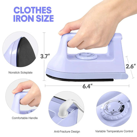 Portable Mini Iron For Crafting And Quilting Projects Compact Electric Heat Press Machine With Fast Heating Function Perfect For Travel Lightweight sewing supplies showing size dimensions and handle details.