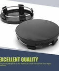 4 Pack Snap On Car Wheel Hub Center Caps Featuring Tight Stainless Steel Clips And A Sleek Black ABS Build showing the caps' tight fit and smooth surface.
