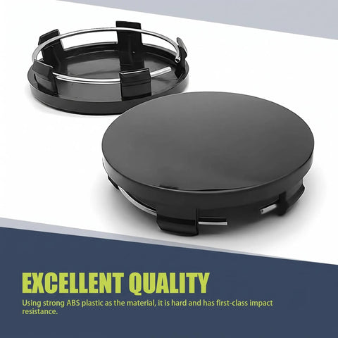 4 Pack Snap On Car Wheel Hub Center Caps Featuring Tight Stainless Steel Clips And A Sleek Black ABS Build showing the caps' tight fit and smooth surface.