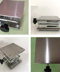 Front view of 8x8 in stainless steel lab jack stand with adjustable scissor lift and black knob.
Side view of 8x8 in stainless steel lab lift platform with scissor arms.
Angled view of 8x8 in stainless steel lab jack lift with extended scissor legs.
Top view of 8x8 in stainless steel lab lift platform with brushed finish and screws.