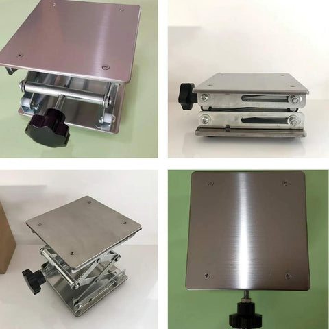 Front view of 8x8 in stainless steel lab jack stand with adjustable scissor lift and black knob.
Side view of 8x8 in stainless steel lab lift platform with scissor arms.
Angled view of 8x8 in stainless steel lab jack lift with extended scissor legs.
Top view of 8x8 in stainless steel lab lift platform with brushed finish and screws.