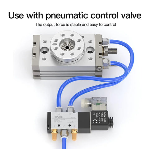 HNJPC MSQB 180° pneumatic rotary actuator with magnetic, double-acting rack-and-pinion; blue hoses and solenoid valve.