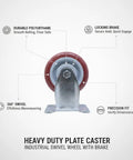 Heavy Duty Polyurethane Plate Casters With Brakes For Industrial Carts And Equipment Replacement, Swivel Wheels Built To Roll On Rough Concrete, Ideal For Welding Stations, Service Bays, And Workshop Tools, Durable Mobility Boost caster details