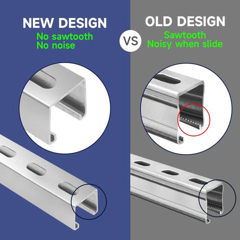 Comparison of 57 Inch Strut Channel Trolley Track in 1-5/8 Inch Profile, showing new smooth design vs old sawtooth design