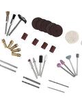 All-Purpose Electric Rotary Tool Kit for Polishing and Grinding, 34-Piece Set including brushes, discs, and drill bits displayed.