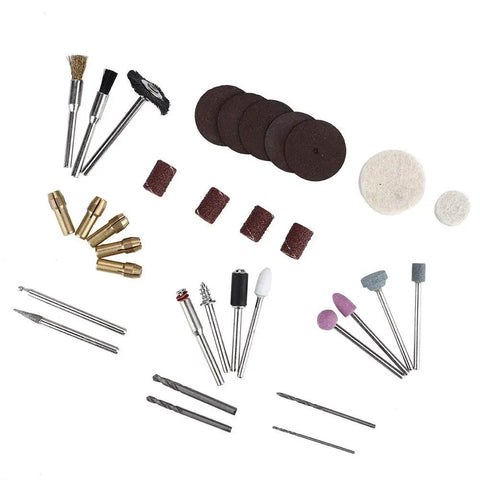 All-Purpose Electric Rotary Tool Kit for Polishing and Grinding, 34-Piece Set including brushes, discs, and drill bits displayed.