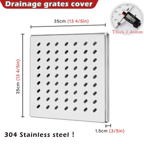 Heavy Duty Kickass 304 Stainless Steel Square Floor Drain Grate And Catch Basin Cover dimensions of 35cm x 35cm with perforations.