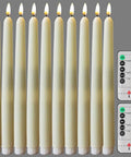 Flameless Taper Candles 11 Inch Ivory Wax Covered LED Flicker With Remote Controls And Timer 10 Pack displayed with remotes