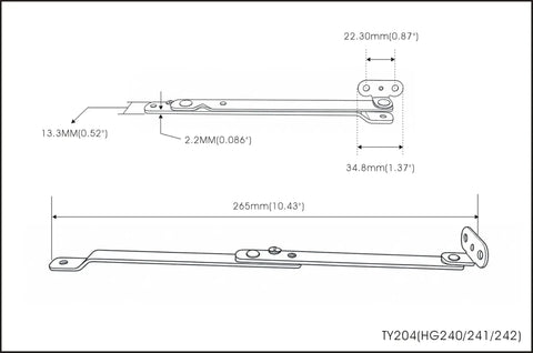 Technical drawing of Heavy Duty Brass Plated Lid Stay Hinges, showing dimensions for installation on trunks and desks.
