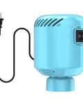 Electric Vacuum Pump For Travel Storage Bags Compress Clothes And Bedding Effortless One Button Operation, portable blue pump with power cord.