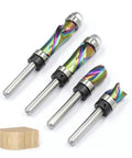 Top Tier Solid Carbide Trim Bit With 1/4 Inch Shank For Precision Woodworking CNC Router Carving Jobs Fits Most Engraving Machines Like A Champ! set of four bits with shiny colors on a white background.