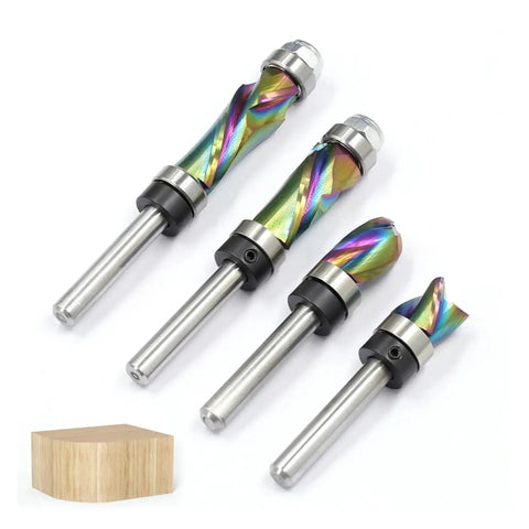 Top Tier Solid Carbide Trim Bit With 1/4 Inch Shank For Precision Woodworking CNC Router Carving Jobs Fits Most Engraving Machines Like A Champ! set of four bits with shiny colors on a white background.