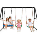 3-In-1 Backyard Swing Set With Platform Swing And Two Belt Swings, Heavy-Duty Metal Frame, kids playing, black frame
