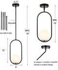 Two Pack Modern Globe Pendant Lights Matte Black Mid Century Chandelier With White Glass Globe Lampshades 1 Light Each Ceiling Hanging Fixture For Kitchen Island Dining Room Bedroom, showing dimensions and adjustable rods