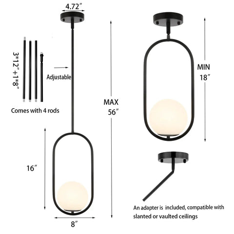 Two Pack Modern Globe Pendant Lights Matte Black Mid Century Chandelier With White Glass Globe Lampshades 1 Light Each Ceiling Hanging Fixture For Kitchen Island Dining Room Bedroom, showing dimensions and adjustable rods