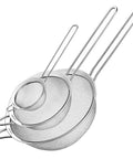 Three Piece Stainless Steel Mesh Strainer Set With Fine Mesh For Sifting, Straining, And Draining In The Kitchen, stacked view