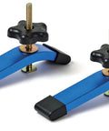 Beefy Aluminum T Track Hold Down Clamps For Woodworking Six And Three Eighths Inch Long One And A Quarter Inch Wide Heavy Duty 6063 Aluminum Fine Sandblast Blue Finish Two Pack on white background