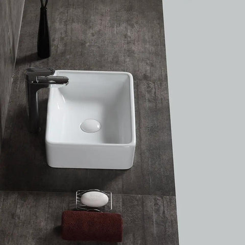 Rectangular Ceramic Vessel Sink For Above Counter Vanity 16x12 Inch White Modern Art Basin on dark countertop