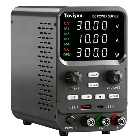 30V 10A Bench Power Supply With Encoder Knob Four Memory Presets OCP OVP Protection USB Type A And Type C Fast Charge Key Lock High Precision 0.001V 0.001A Display For Electronics Repair DIY Lab, front view with digital display and knobs