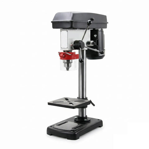 Heavy Duty Benchtop Drill Press With Five Eighth Inch Chuck And 220 Volt Copper Motor built tight for metal and woodworking side view