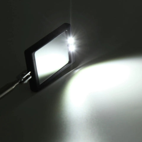 Pro Grade Telescoping Inspection Mirror With Dual LED Lights, close-up view with LEDs illuminating a surface.