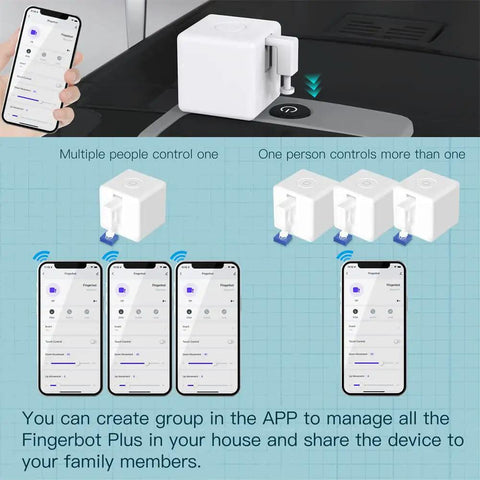 2nd Gen Smart Bluetooth Fingerbot Plus Wireless Light Switch Button Pusher shown with app interface for device control