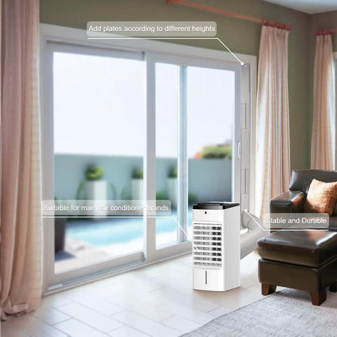 Room with Portable AC Window Vent Kit with 5.9 Inch Exhaust Hose attached to a sliding glass door, easy home cooling setup.