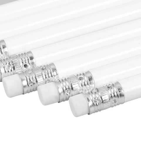 Close-up of the erasers on 10 Pack White Carpenter Pencils With Eraser Round Graphite Lead Marking Pencils For Construction Woodworking School And Office Use