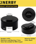 Heavy Duty Jack Pad Adapter Set For BMW And Mini Four Piece Rubber Pucks And Dual Use Axle Saddle Adapters With Work Gloves And Storage Bag Protects Frame Pinch Welds From Floor And Bottle Jacks During Tire Changes, showing rubber adapter dimensions and specifications.
