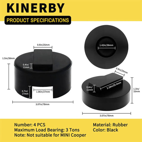 Heavy Duty Jack Pad Adapter Set For BMW And Mini Four Piece Rubber Pucks And Dual Use Axle Saddle Adapters With Work Gloves And Storage Bag Protects Frame Pinch Welds From Floor And Bottle Jacks During Tire Changes, showing rubber adapter dimensions and specifications.