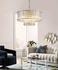 Drum Glass Chandelier For Dining Room With 7 Light Gold Pendant Lighting Fixture Jaw Dropping Double Layer Design Ripple Glass Shades D18 X H10 Adjustable 59 Inch Chains Gold Finish Metal Frame above a modern living room setting.