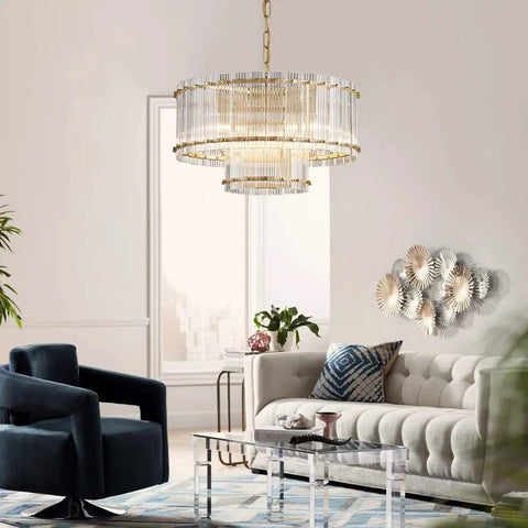 Drum Glass Chandelier For Dining Room With 7 Light Gold Pendant Lighting Fixture Jaw Dropping Double Layer Design Ripple Glass Shades D18 X H10 Adjustable 59 Inch Chains Gold Finish Metal Frame above a modern living room setting.