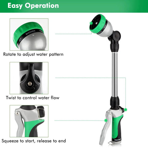 Heavy Duty Metal Watering Wand For Garden Hoses, 16-Inch Sprayer With 180 Degree Swivel, 7 Spray Patterns, Flow Control