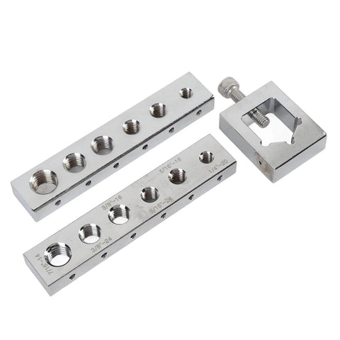 Achieve precise bolt drilling and secure safety wire installations with this carbon steel drill jig set shown in disassembled view.