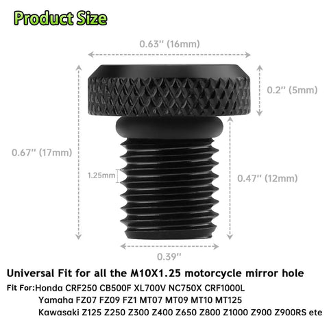 3 Pack Universal Motorcycle Mirror Hole Plugs M10 Thread Tough As Nails Aluminum Handlebar End Caps For Custom Biker Rides And Dope Custom Looks In Matte Black size dimensions with M10x1.25 threading.