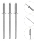 Three Stainless Steel Blind Rivets 50 Pcs Dome Head Smooth Finish Heavy Duty Break Resistant Fasteners shown in close-up view.
