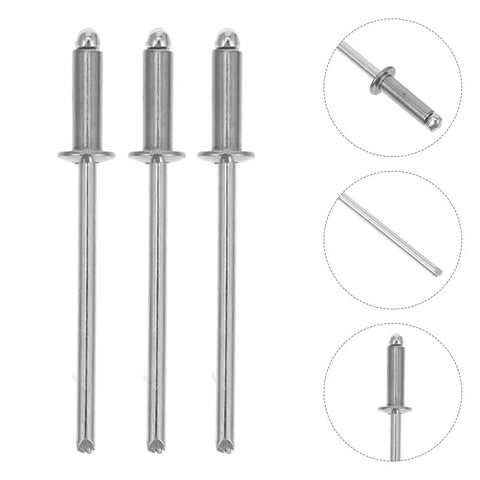 Three Stainless Steel Blind Rivets 50 Pcs Dome Head Smooth Finish Heavy Duty Break Resistant Fasteners shown in close-up view.