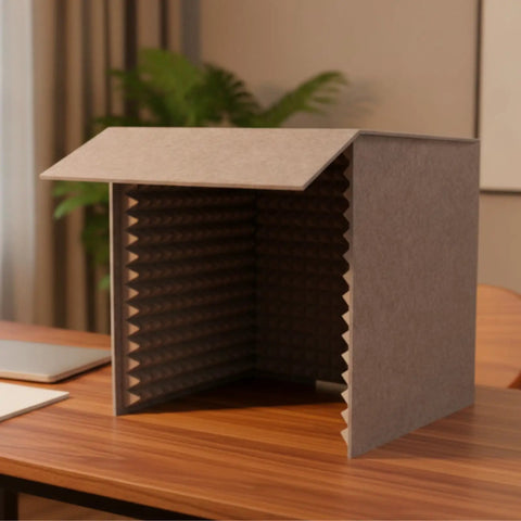 Dang Clean Kickass Desktop Soundproof Mic Booth With Dense Acoustic Foam Panels For Podcast Recording Streaming And Video Calls Portable Studio Isolation Shield shown on a wooden desk.