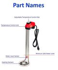 1300W Immersion Bucket Heater With Adjustable Thermostat And Auto Shutoff For Overheat Protection, Stainless Steel Red Unit features labeled parts.