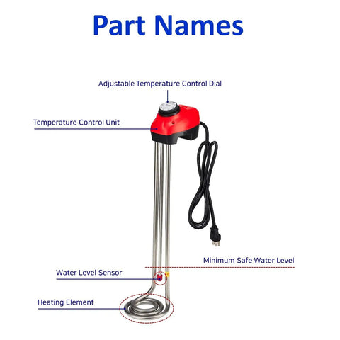 1300W Immersion Bucket Heater With Adjustable Thermostat And Auto Shutoff For Overheat Protection, Stainless Steel Red Unit features labeled parts.