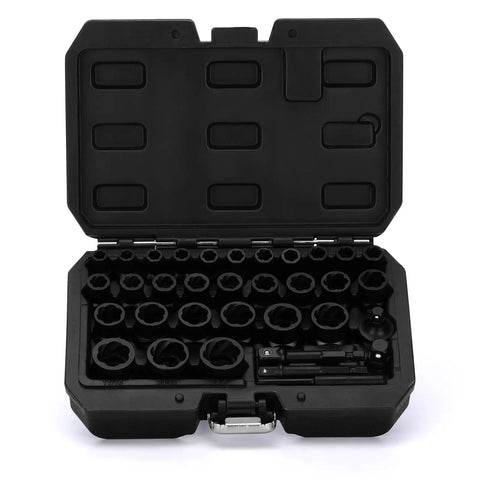 34 Piece Impact Bolt Extractor Kit For Stripped Bolts And Nuts Remover Socket Set in open case, Chrome Molybdenum