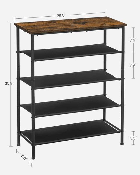 Solid Multi Tier Shoe Rack Storage Organizer Holds Twelve To Sixteen Pairs With Reinforced Steel Frame And Durable Fabric Shelves, featuring rustic brown top.