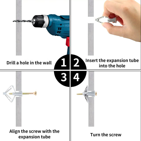 Heavy Duty Butterfly Drywall Anchors Kit With Self Drilling Screws Knockout Hollow Wall Fasteners For No Sweat Setup Using Ribbed Nylon Tubes On Interior Plasterboard Panels installation steps with drill and anchor.